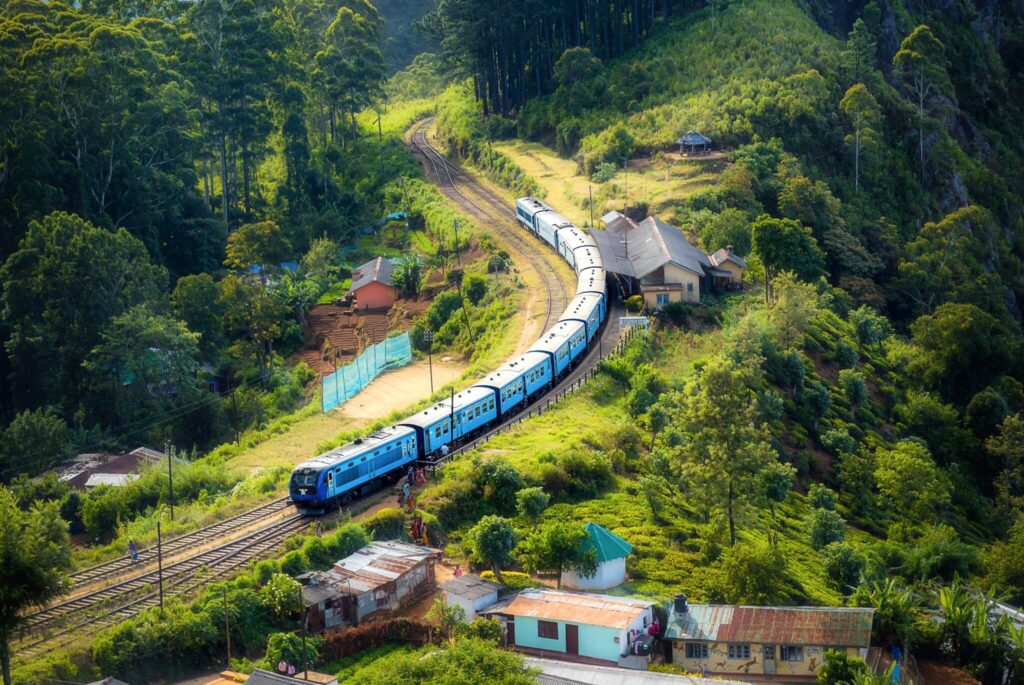Train riding through countryside